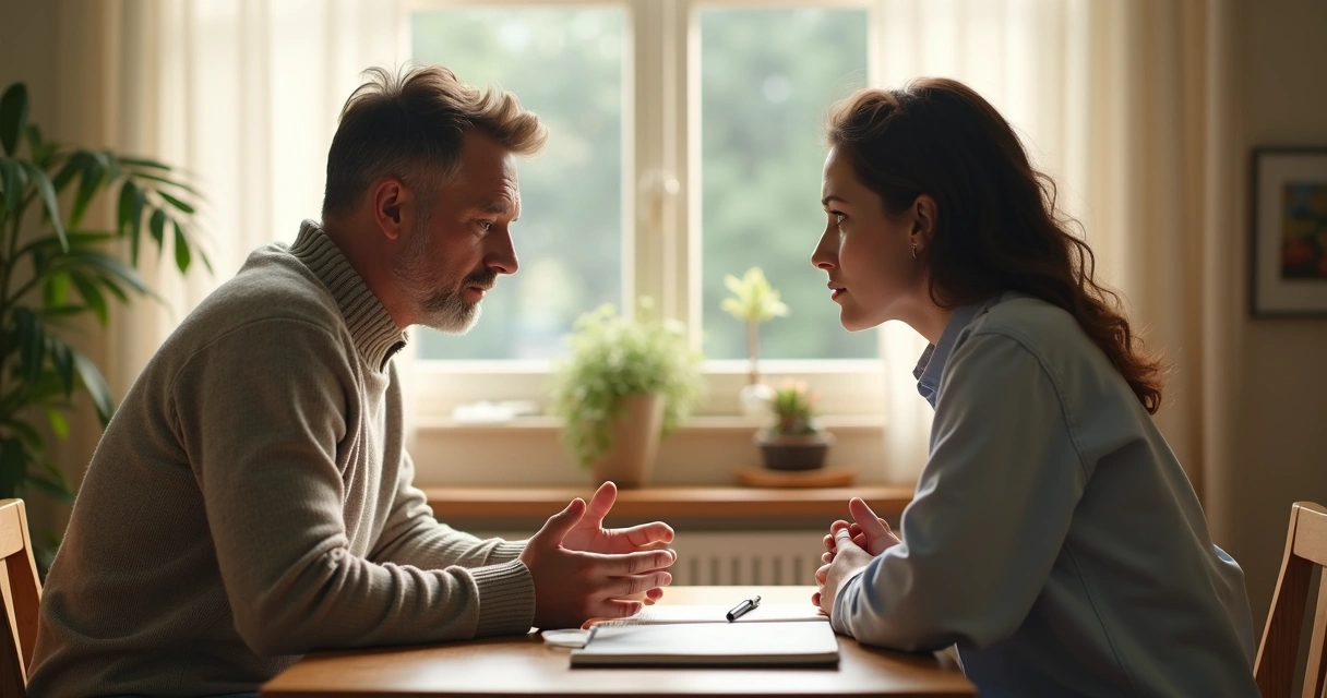 Two people repairing trust in a calm conversation at a table 