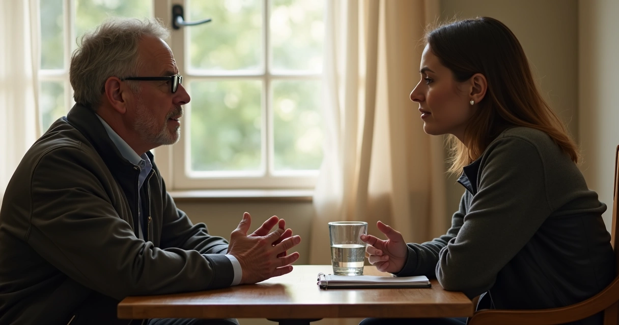 Duas pessoas em conversa respeitosa após conflito