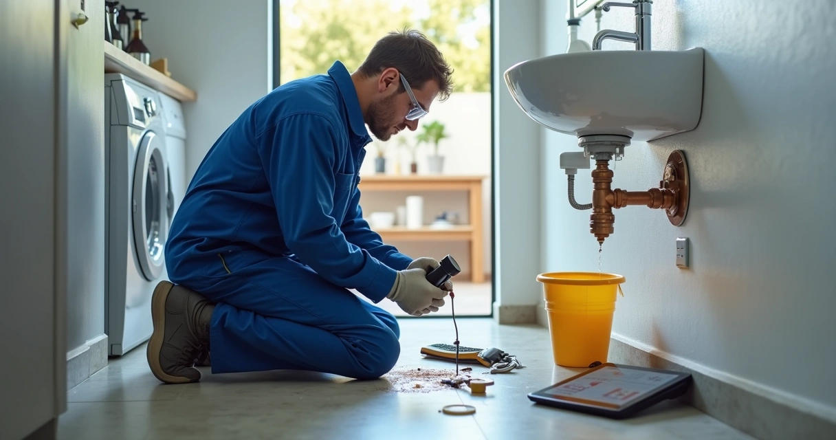 Canalizador verificando fuga de água em tubo exposto numa casa 