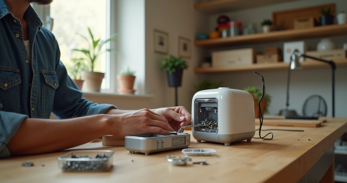Persona reparando un pequeño electrodoméstico en una mesa de trabajo