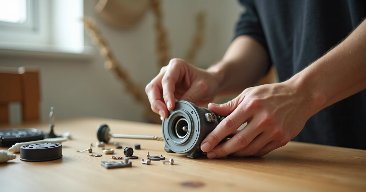 Manos reparando un electrodoméstico pequeño sobre una mesa de madera 