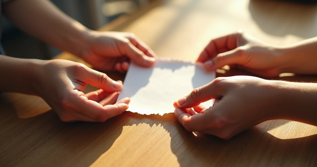 Manos entrelazadas entre dos personas sobre una mesa, con una hoja rota entre ellas