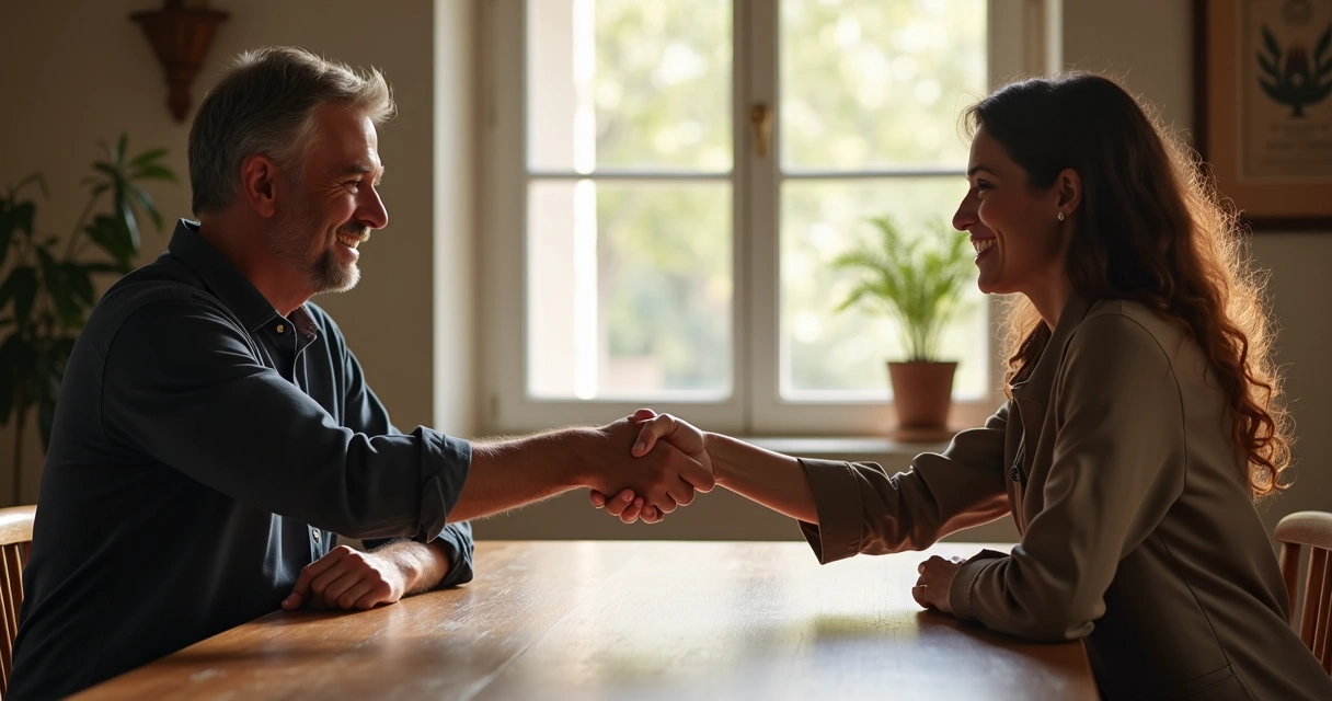 Dos personas dándose la mano con sinceridad, ambas sonríen levemente mostrando disposición a resolver el conflicto. 
