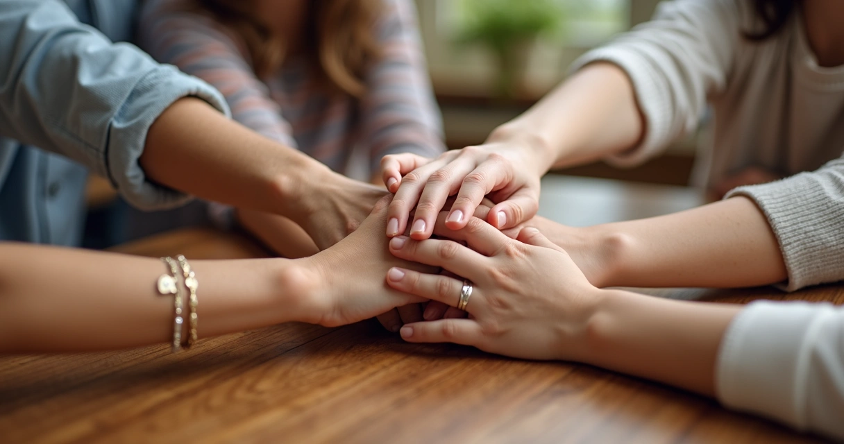 Manos de diferentes miembros de una familia unidas sobre una mesa 