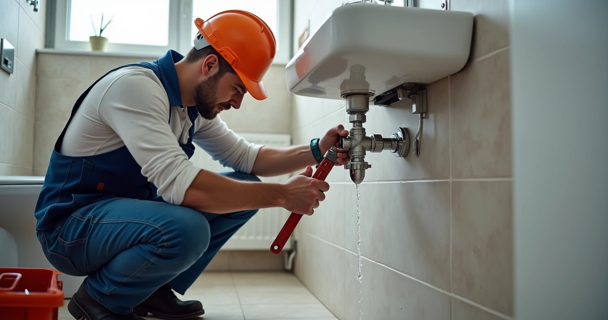 Canalizador a reparar tubo de água num banheiro residencial 