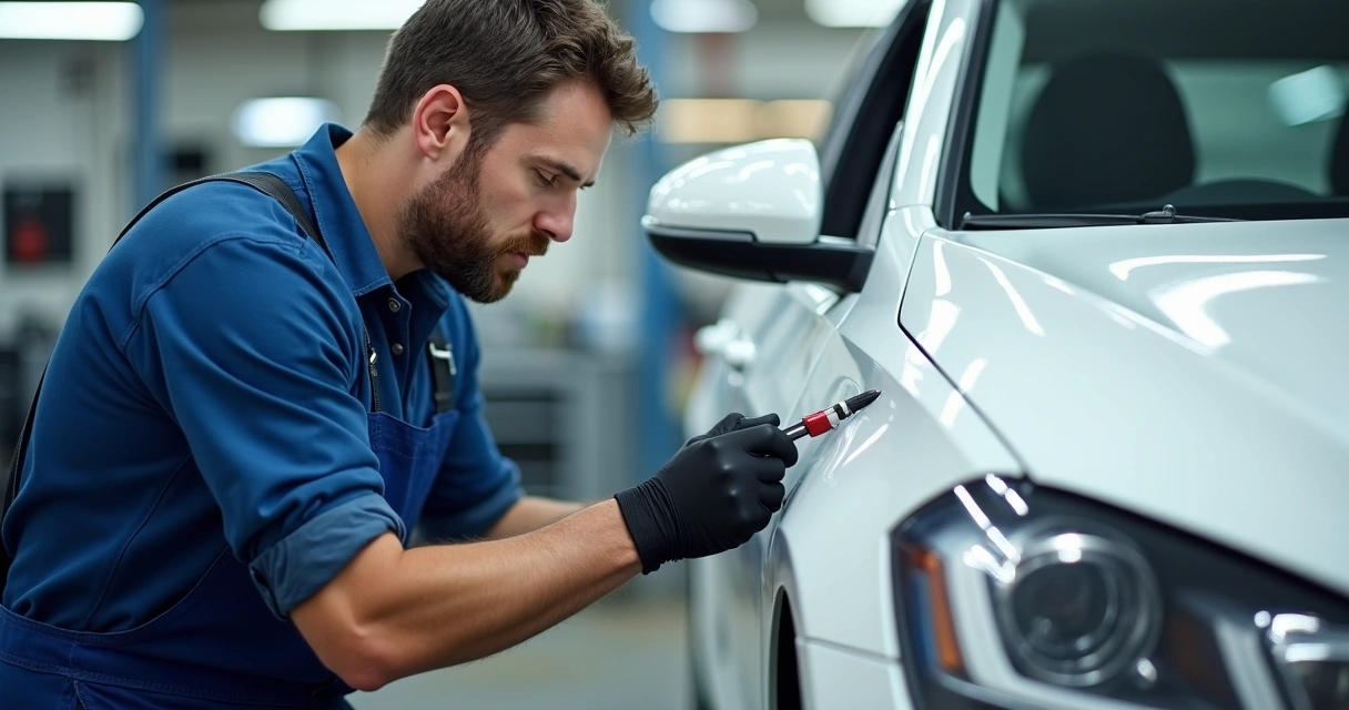 Técnico de oficina automotiva repara pequeno amassado em carro branco