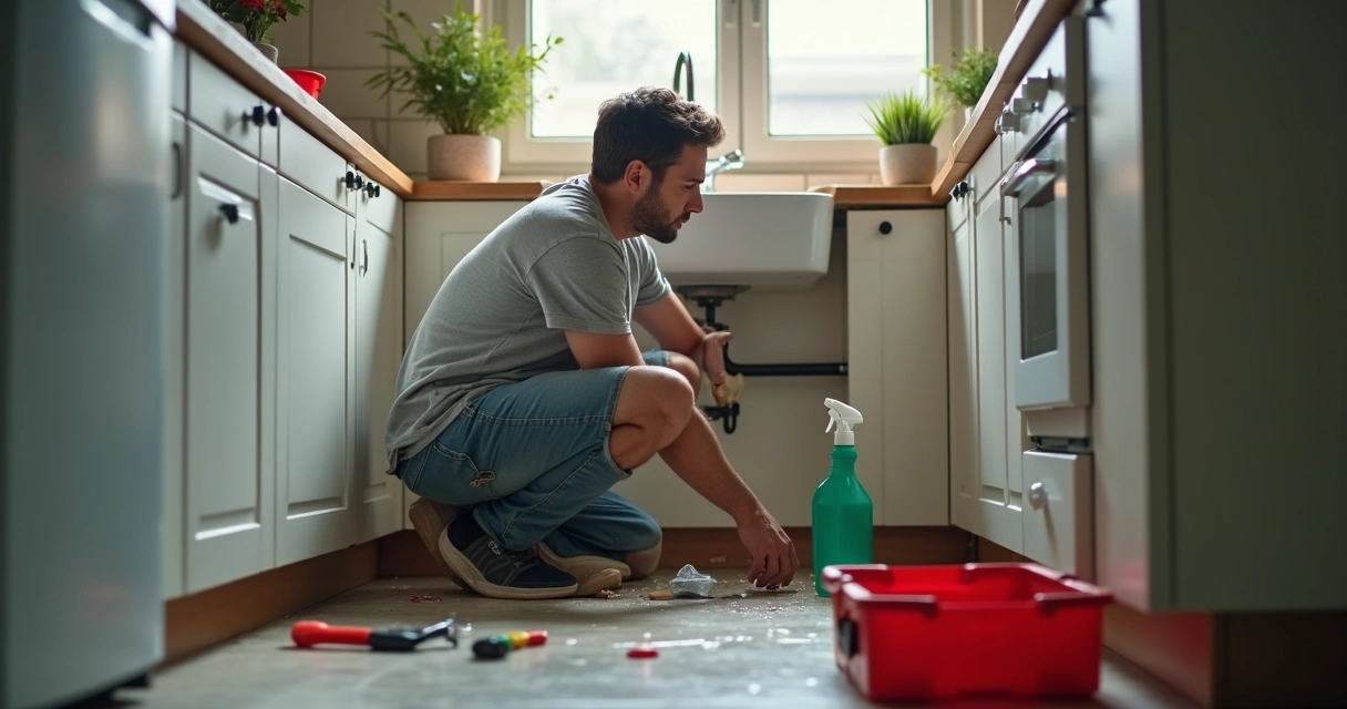 Homem consertando cano vazando embaixo da pia da cozinha