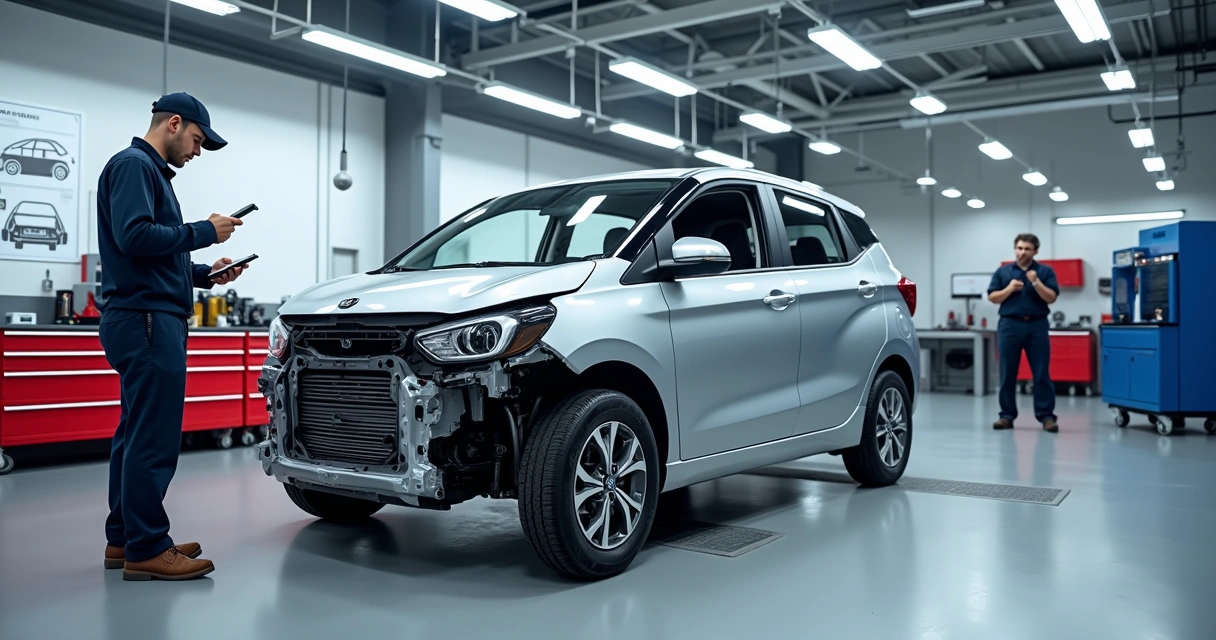 Mecânico avaliando dano estrutural no monobloco de carro em oficina especializada 