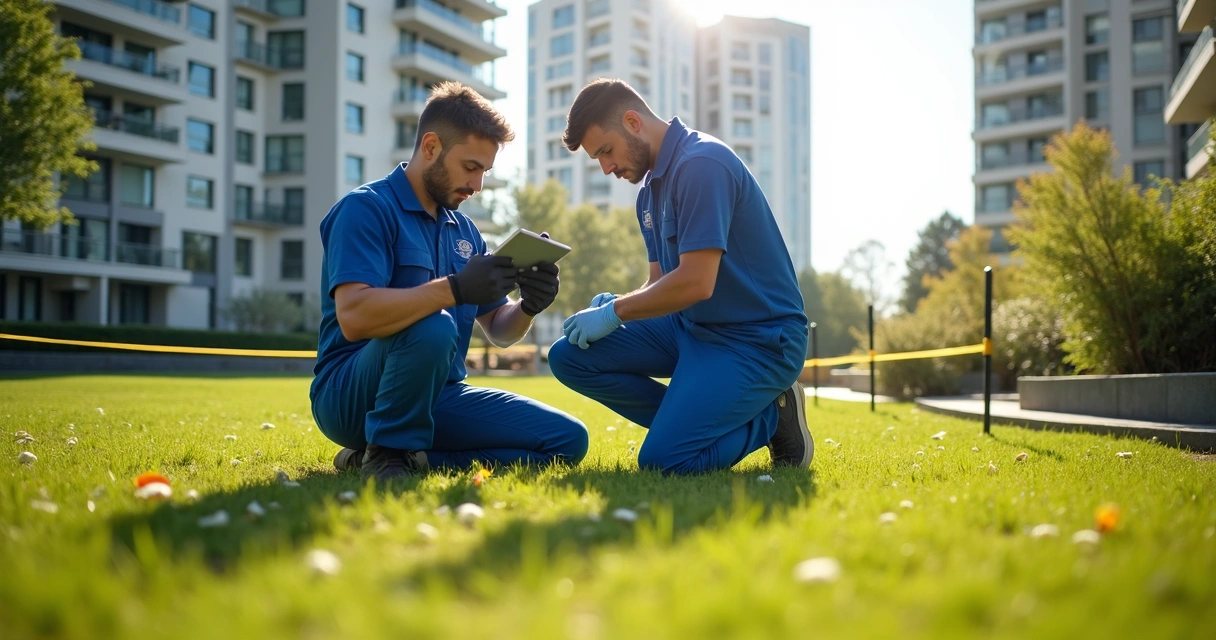 Equipe externa realizando reparo hidráulico em prédio residencial 