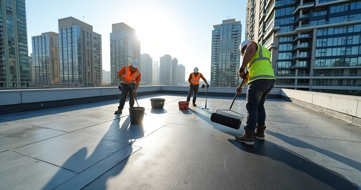 Equipe técnica renovando impermeabilização em laje de condomínio 