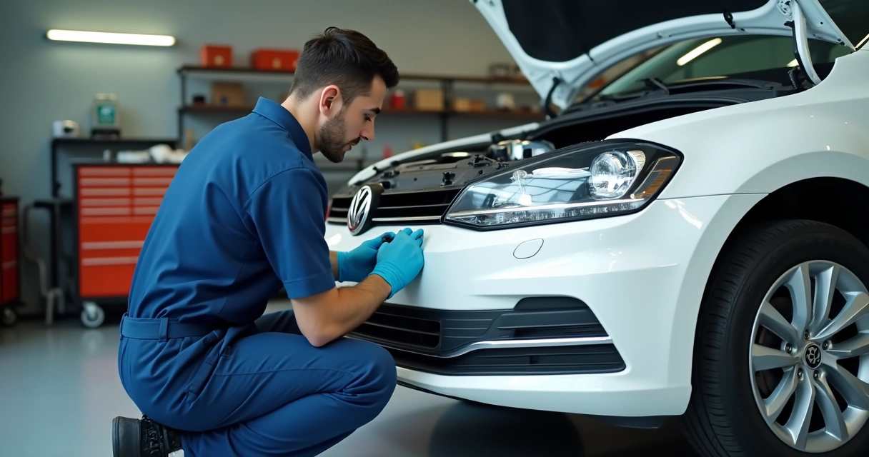 Funileiro trabalhando no para-choque de um carro popular branco em oficina iluminada, com ferramentas ao redor 