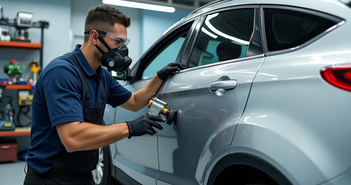 Técnico realizando reparo de lataria em carro com equipamento de funilaria e ferramentas específicas 