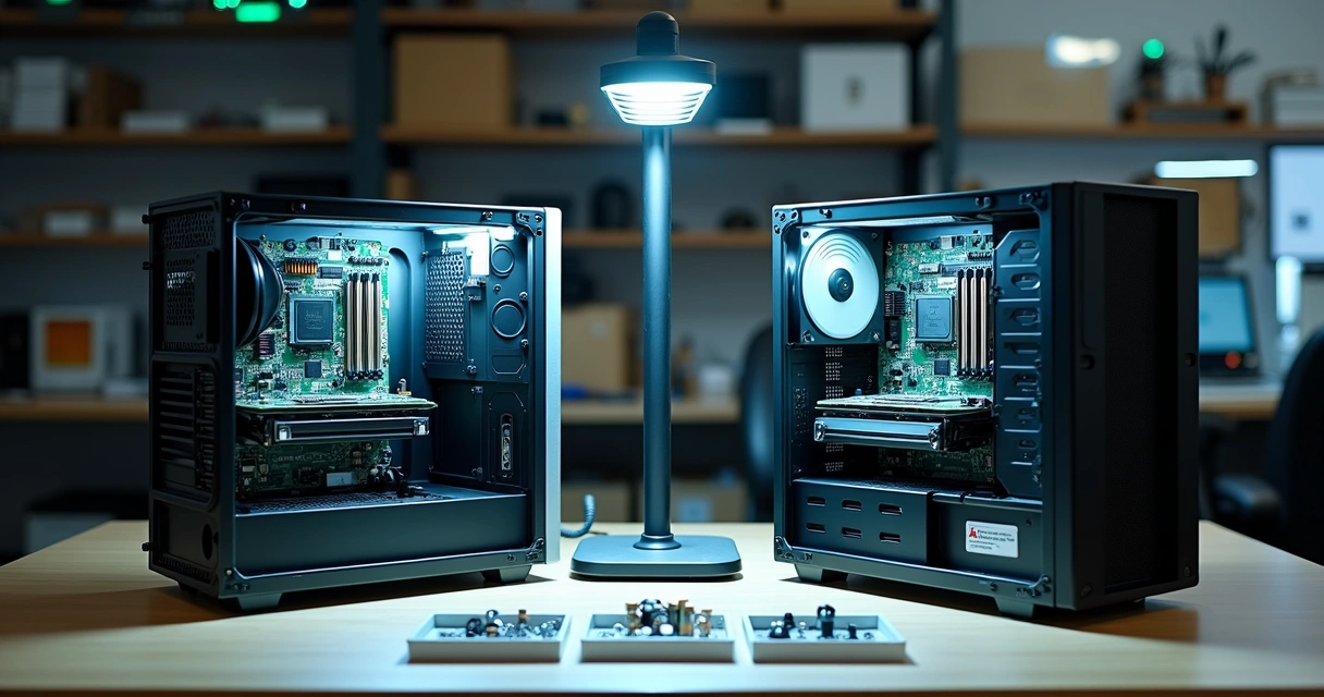 Dois computadores abertos lado a lado em bancada mostrando placas-mãe para avaliação de reparo ou troca 