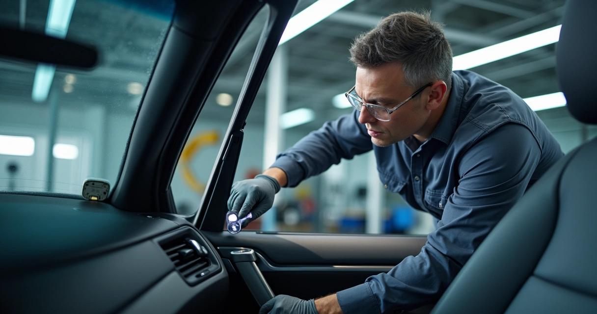Técnico verificando sistema de drenagem de teto solar em oficina automotiva 
