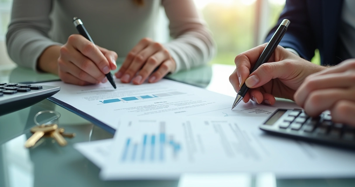 Documentos de partilha de bens com mãos femininas e masculinas segurando caneta 