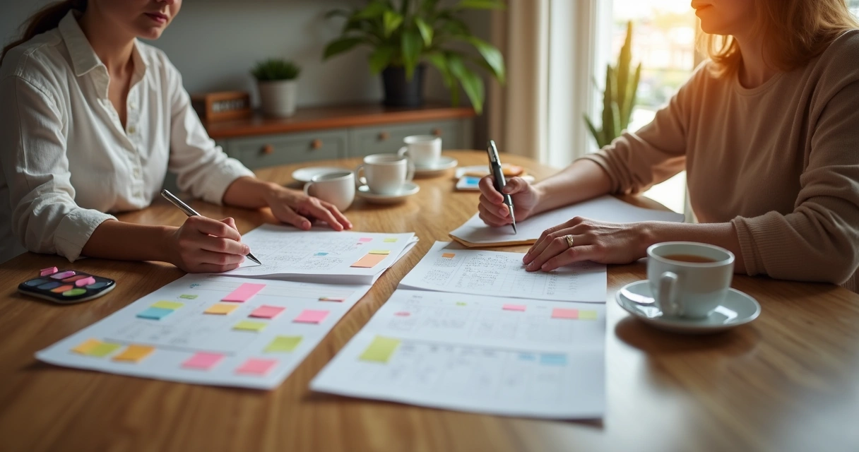 Dos personas organizan tareas en casa con calendario y notas 