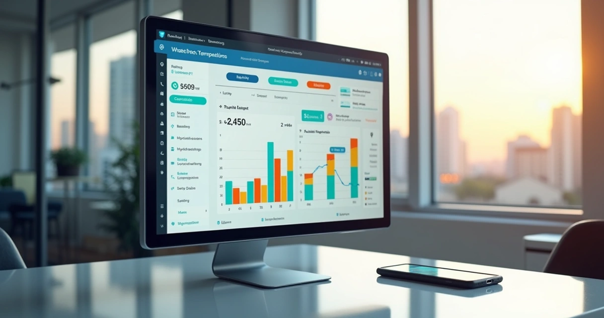 Tela de sistema imobiliário mostrando painel com gráficos financeiros, notificações de pagamentos e repasses automáticos para proprietários 