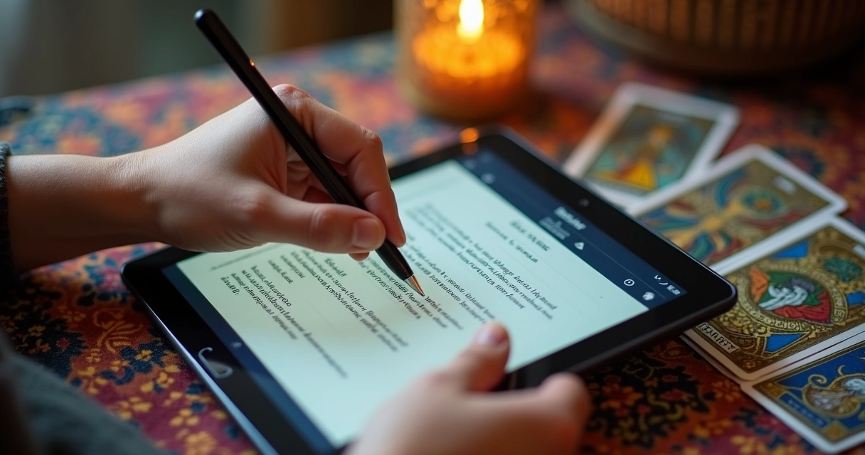 Tarot reader reviewing digital repeat client session notes 