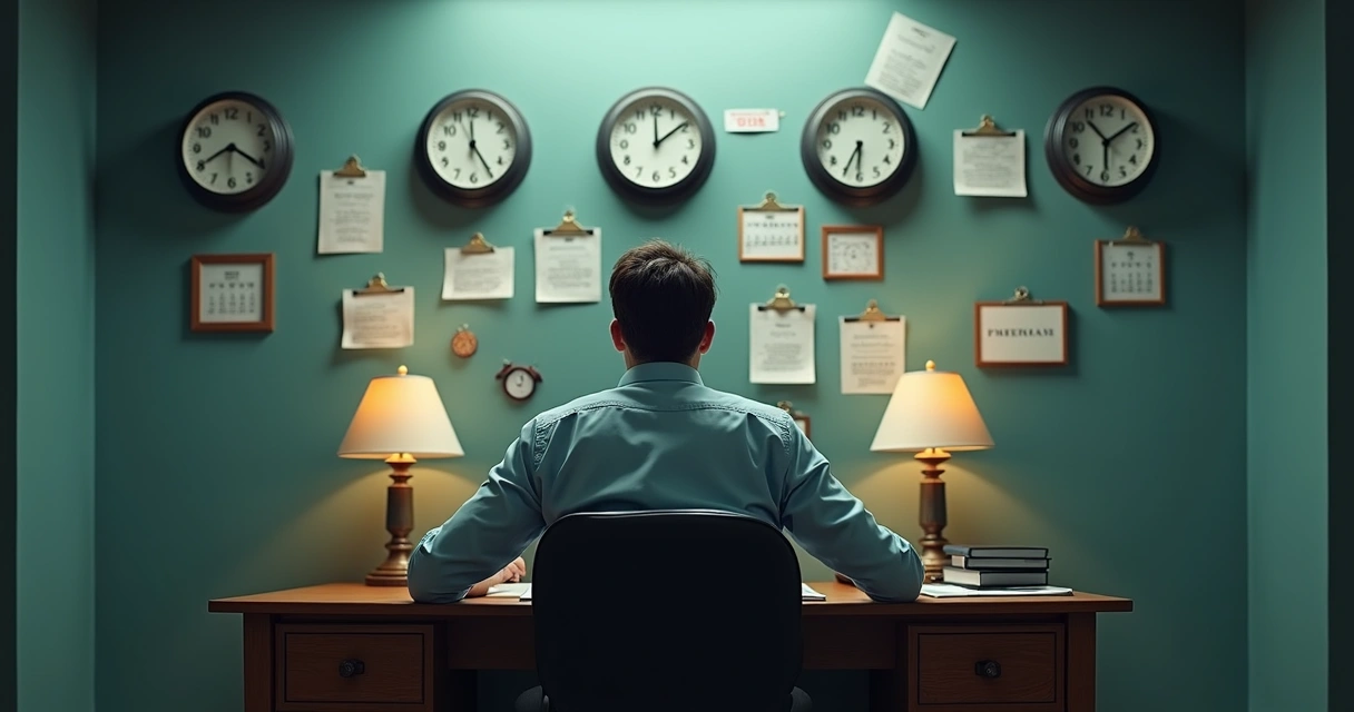 Person stuck in daily routine, repeating habits, sitting at a desk with similar tasks 