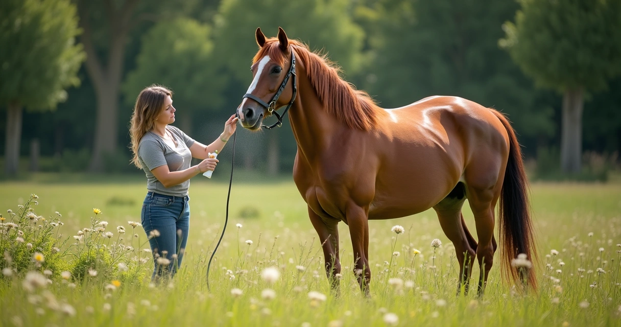 Pessoa aplicando repelente natural em cavalo 