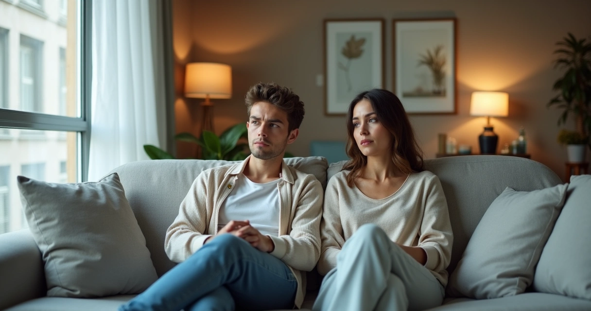 Casal sentado no sofá, ambos olhando para lados opostos, expressando desconexão afetiva 