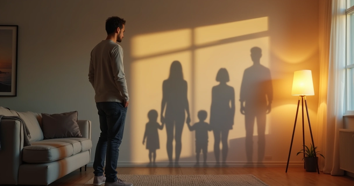 Adulto observando sombras de familiares repetidas en la pared 