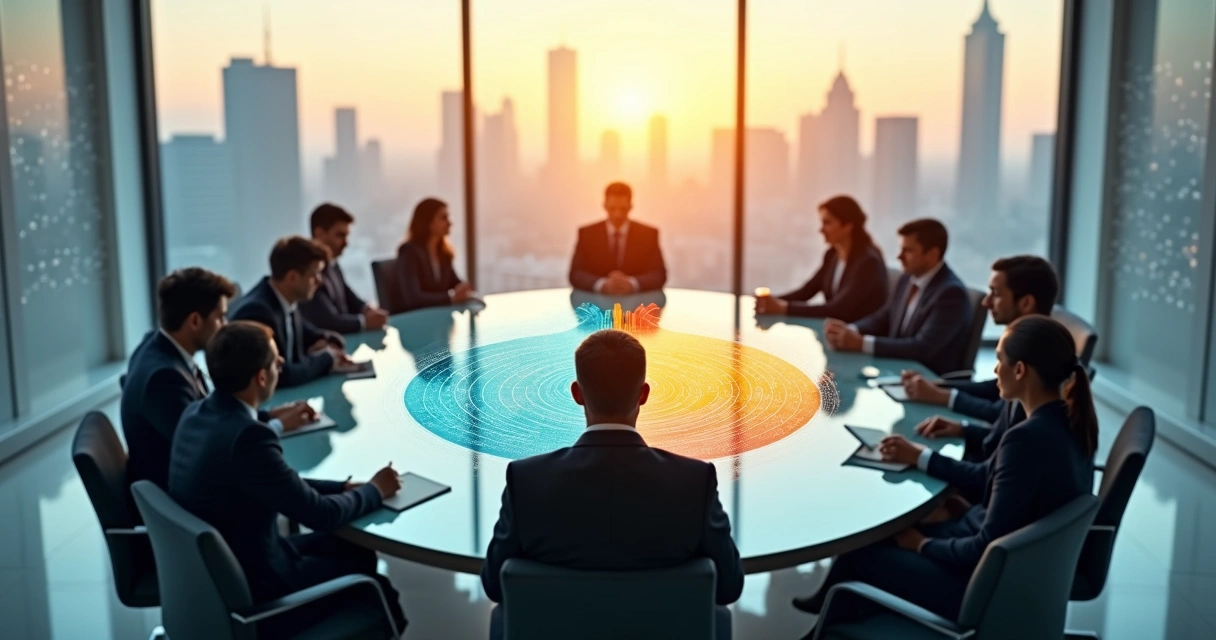 Executivo observando equipe em círculo com padrões repetidos entre inovação e resistência 