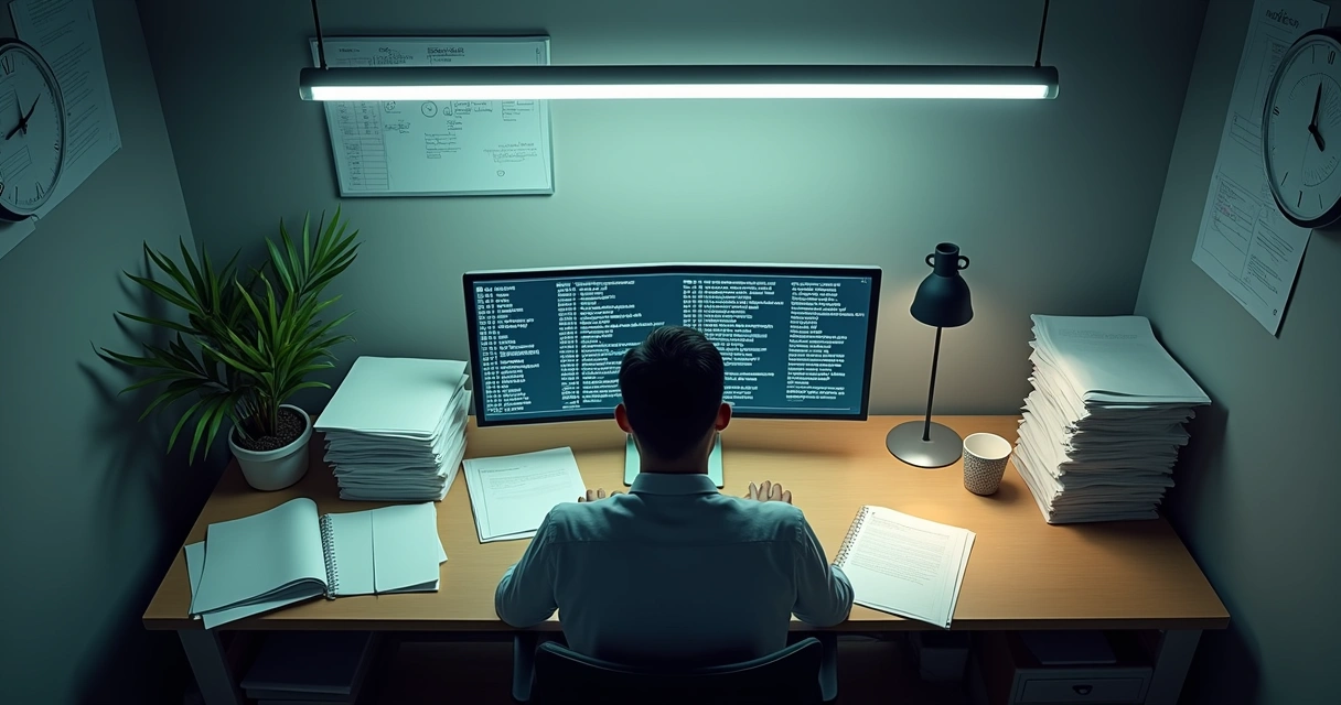 Worker staring at computer with repetitive tasks list onscreen 