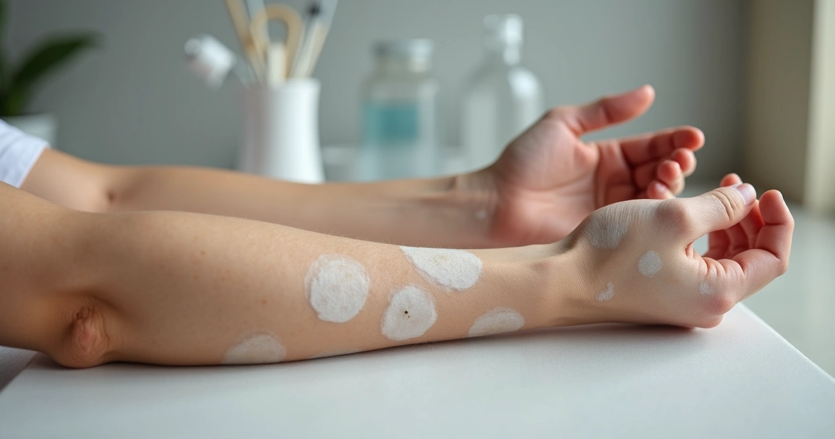 Braços com vitiligo mostrando áreas com repigmentação diferente lado a lado 