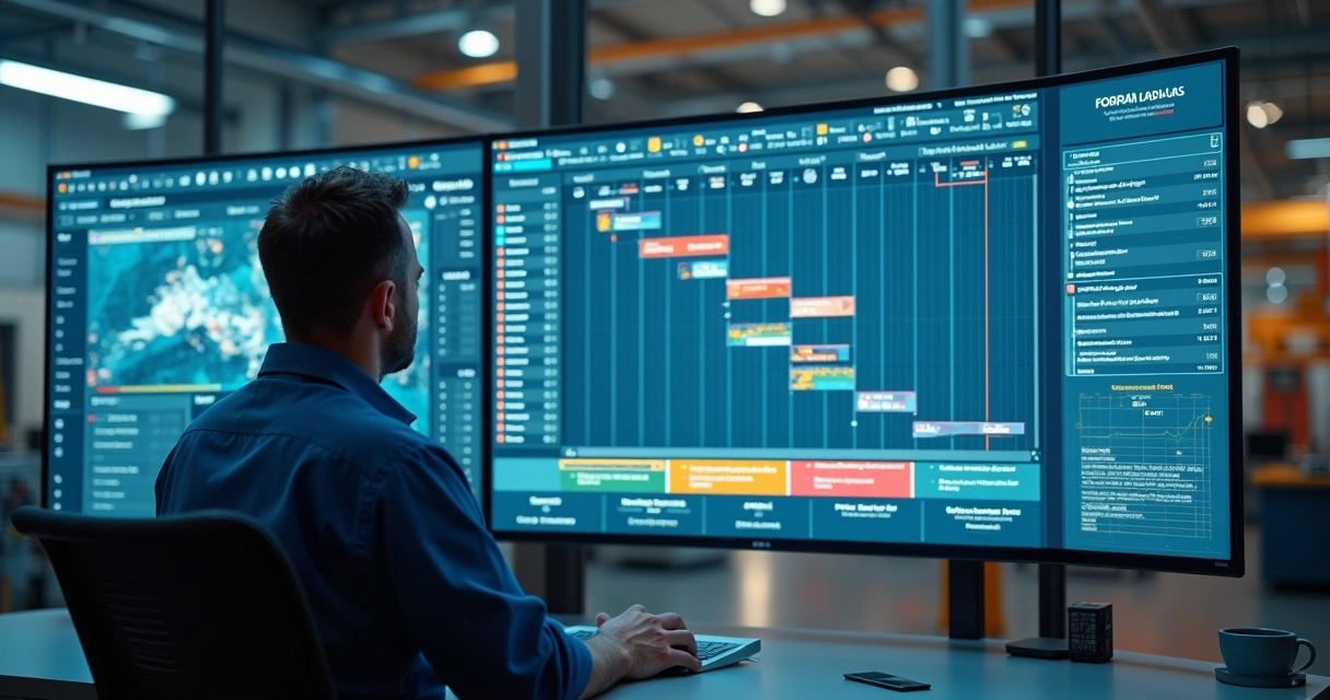 Gestor revisando cronograma de grandes projetos industriais com gráficos e checklists na tela 