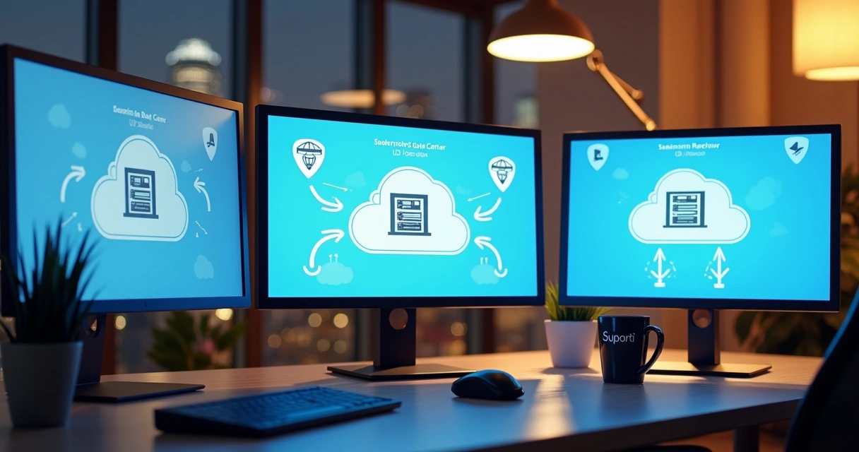 Ilustração de replicação de servidores locais para nuvem em tela de computador 