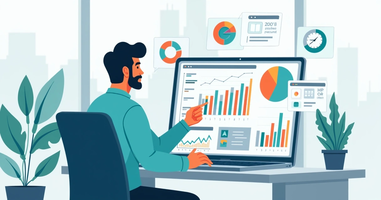 Gerente revisando reporte de nómina con gráficos y tablas en computadora 