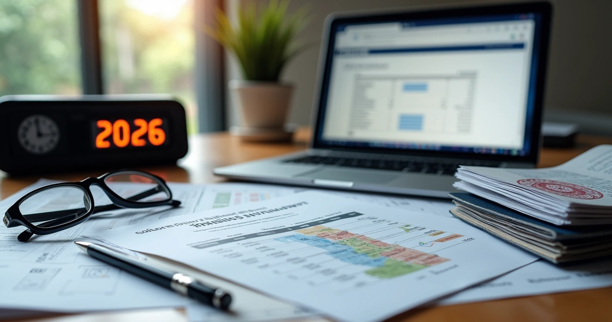 Relatórios fiscais sobre mesa ao lado de laptop e passaporte aberto