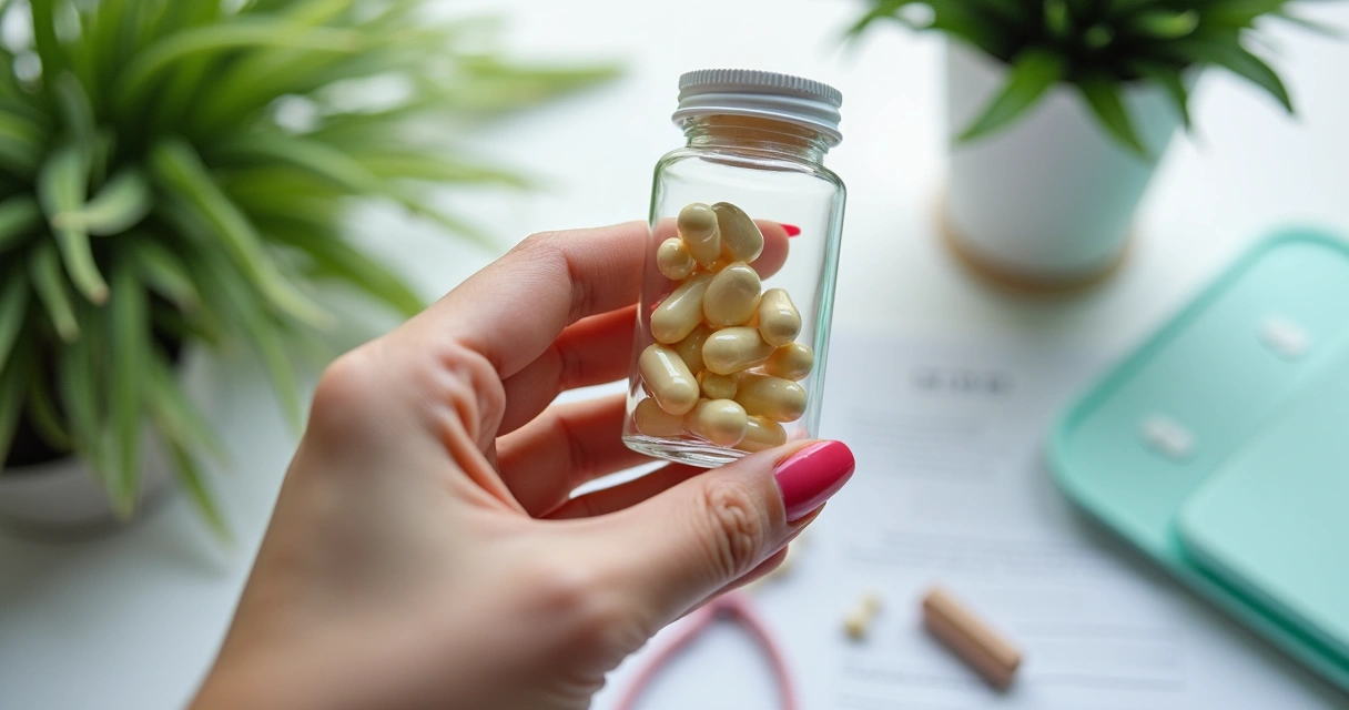 Pessoa segurando cápsulas naturais com plantas ao fundo 