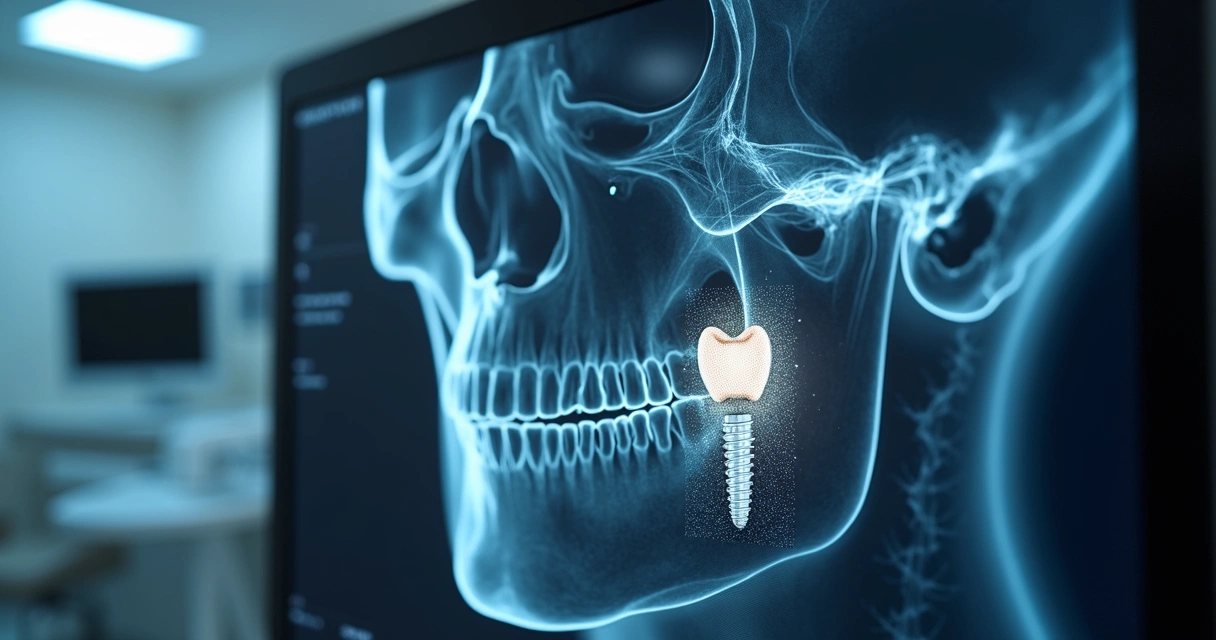 Tomografia computadorizada mostrando enxerto ósseo em maxilar, implante dental ao lado 