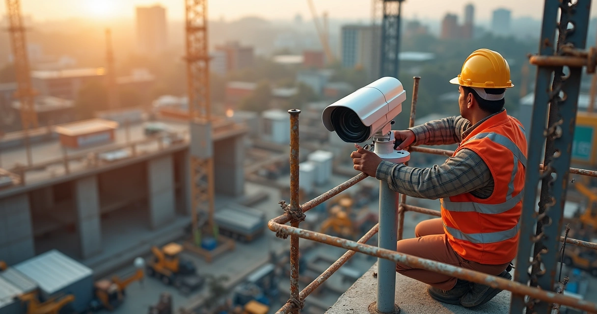 Equipe ajustando posição de câmera em canteiro de obras