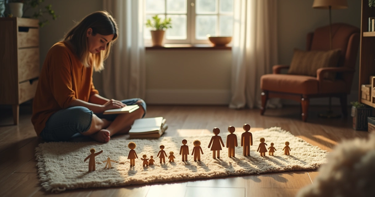 Pessoa observando objetos alinhados que representam vínculos familiares