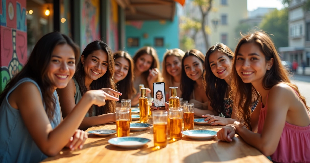 Influenciadores jovens discutindo embalagens modernas da Niely Gold em ambiente urbano, energia de conversa nas redes 