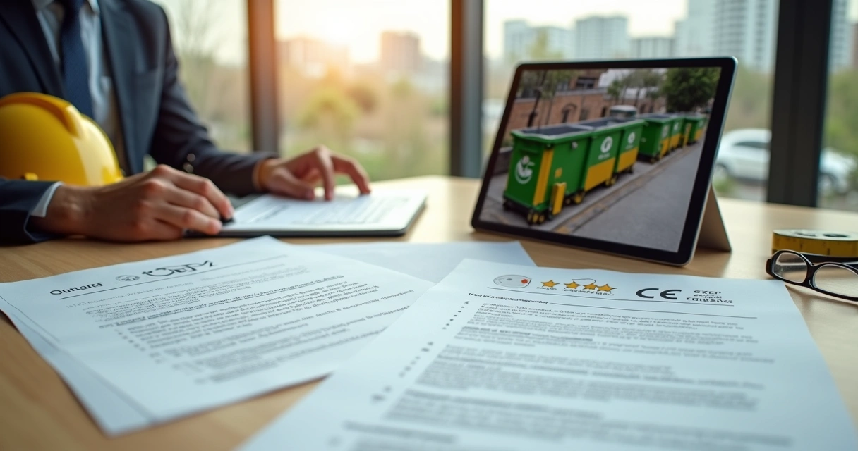 Mesa com contrato de aluguel de caçamba e licenças ambientais organizadas 