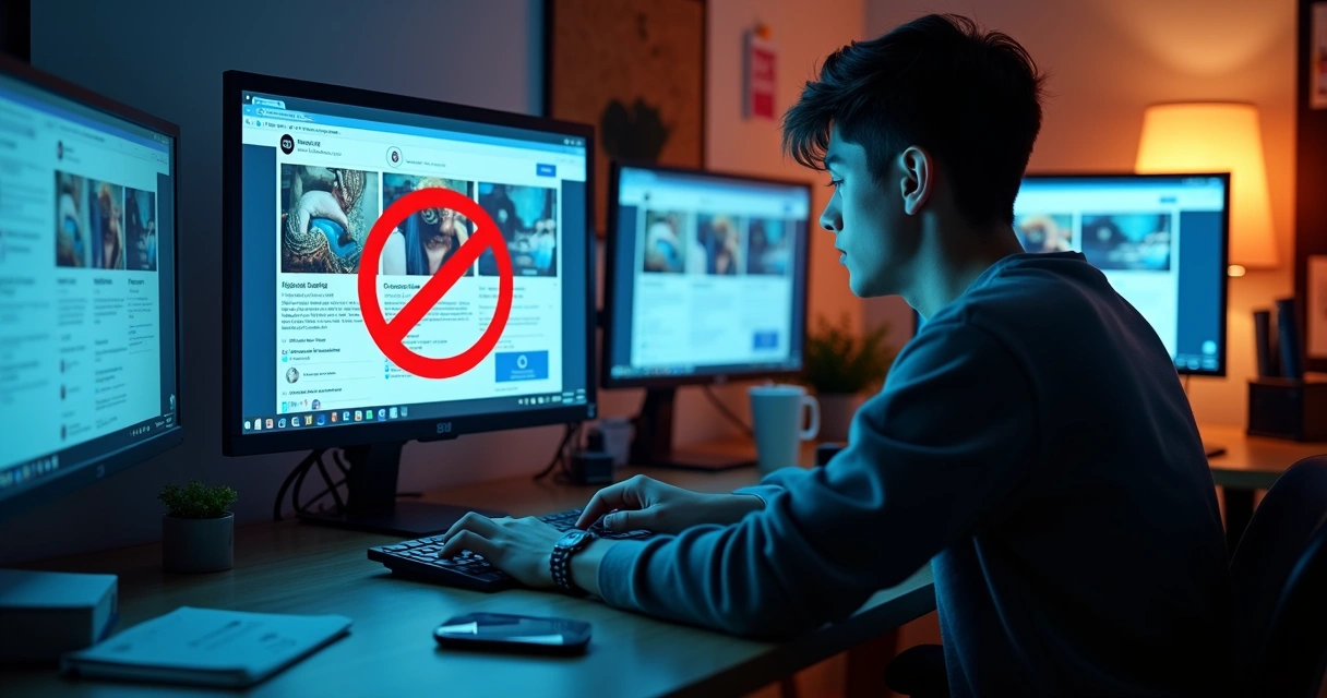 Pessoa copiando post viral em várias telas com símbolo de proibição sobreposto 