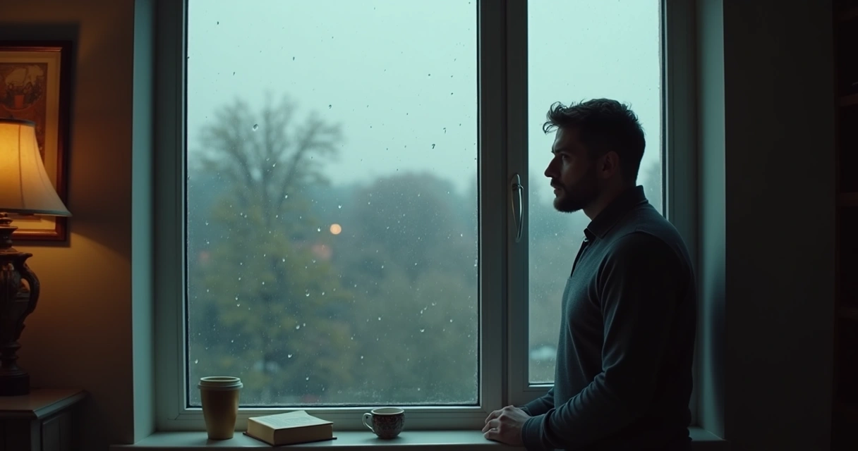 Homem olhando pela janela com expressão pensativa, cena interna e suave luz natural 