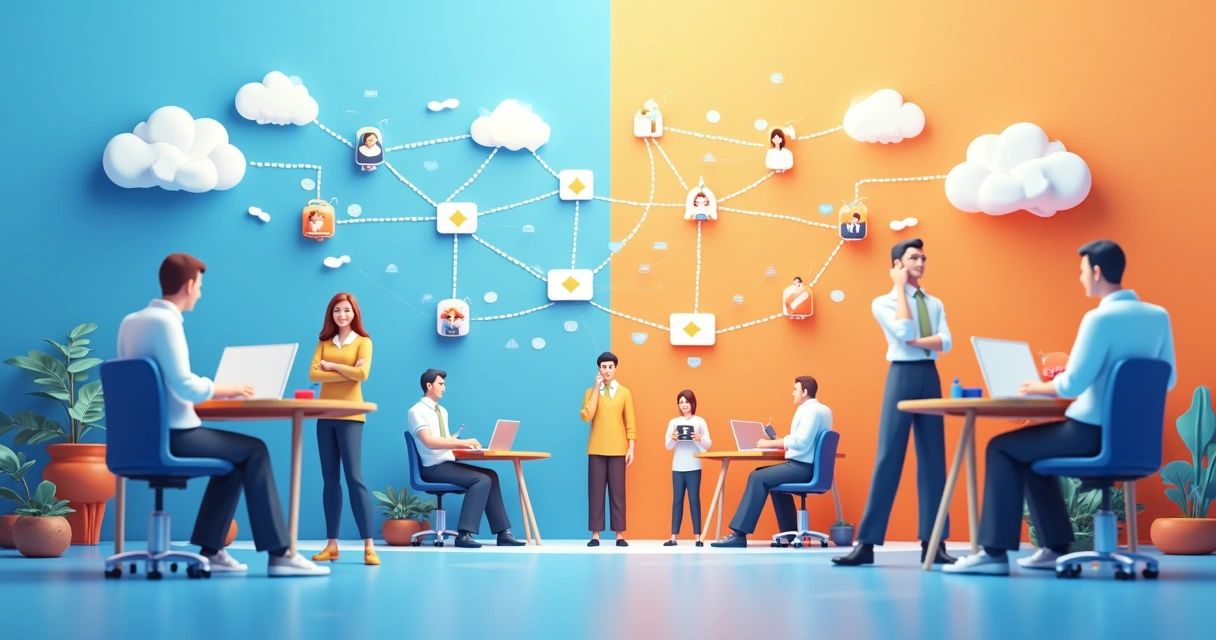 Gráfico ilustrando a diferença entre canais diretos e canais com parceiros externos, cada um levando um produto a clientes diferentes 