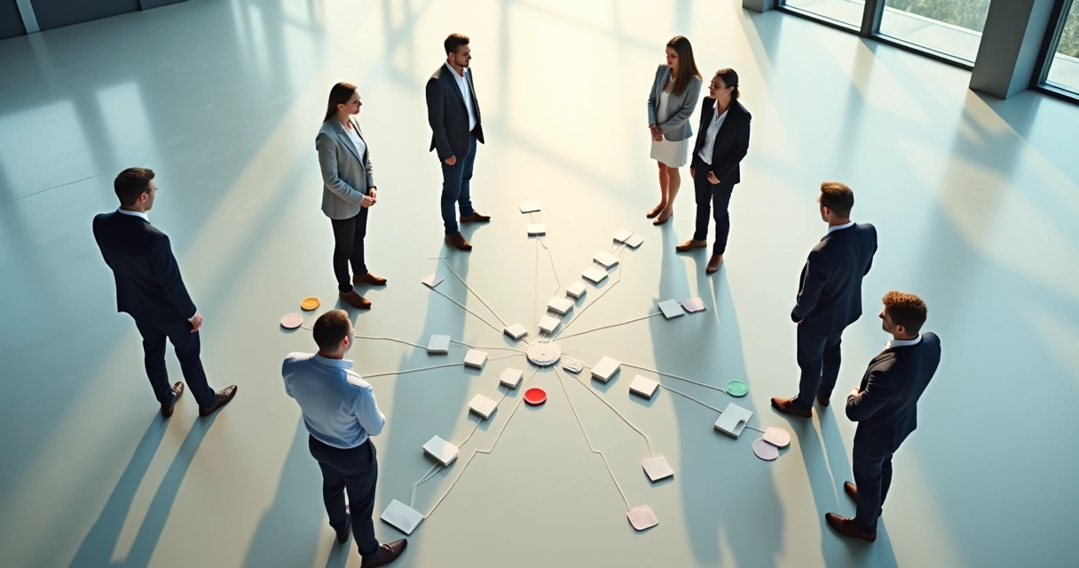 Representação visual de uma constelação sistêmica empresarial, com pessoas posicionadas em círculos.