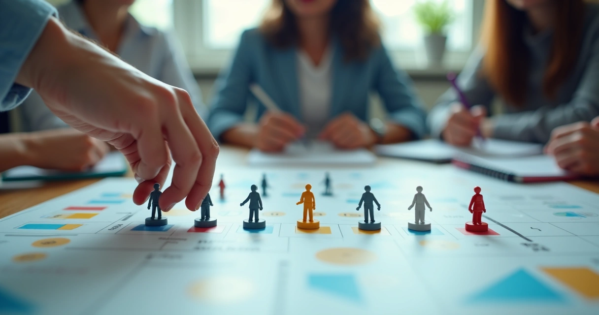 Representação de setores empresariais usando bonecos em um tabuleiro 