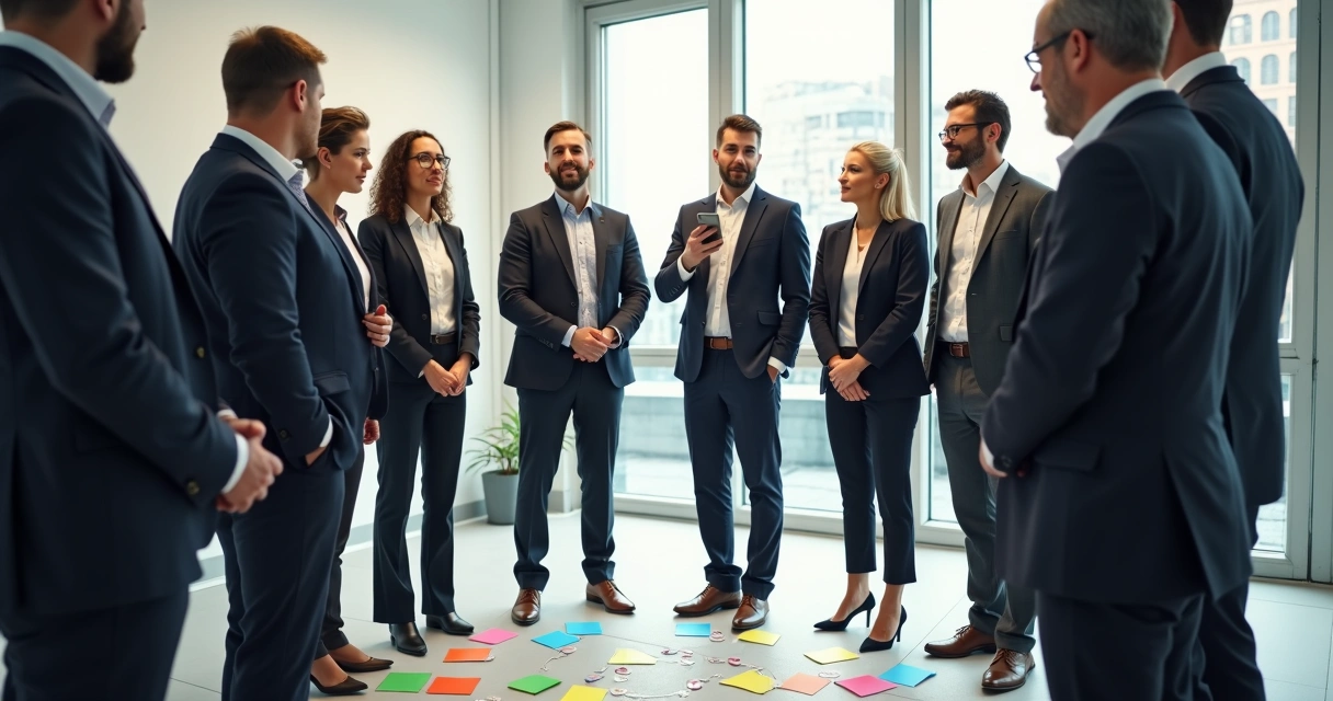 Equipe reunida em círculo, representando membros de uma organização, participando de dinâmica de constelação sistêmica 