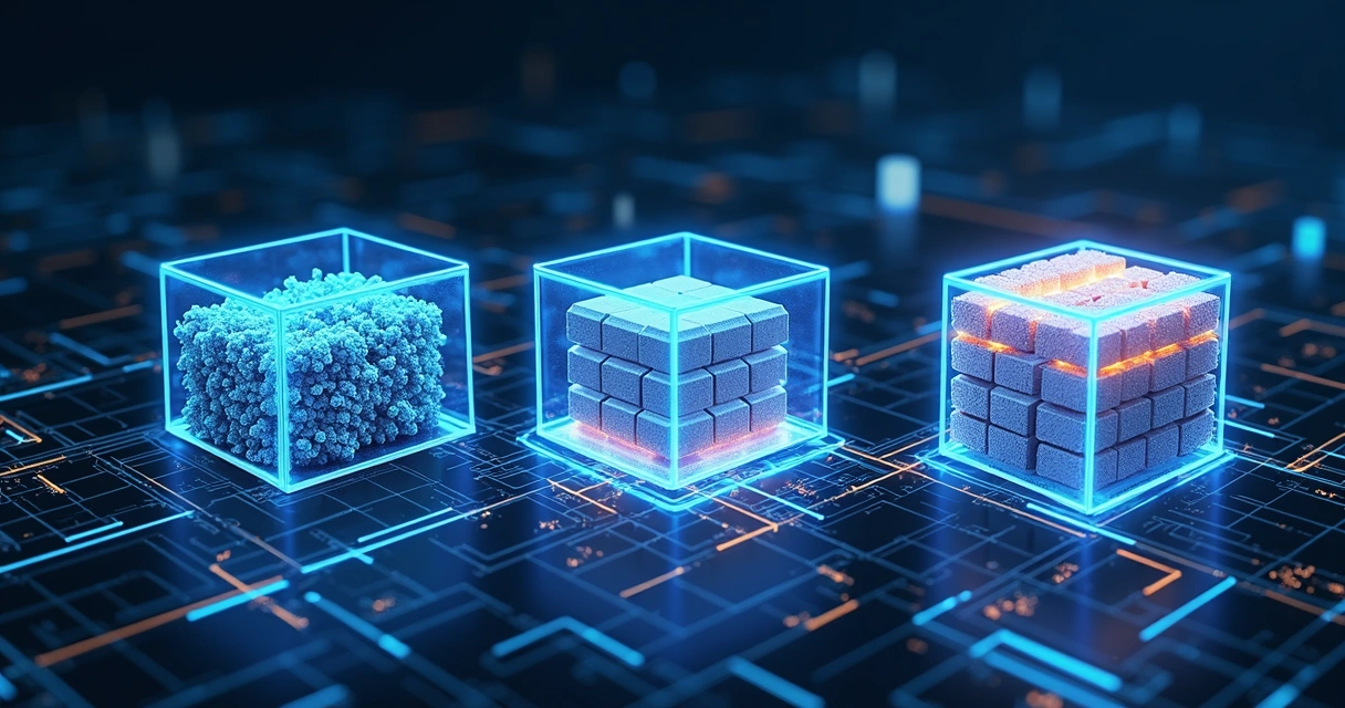 Ilustração detalhada mostrando três recipientes digitais conectados: Data Lake com grande volume de dados brutos, Data Warehouse organizado e estruturado em cubos, e Data Mart focado em subsets especí