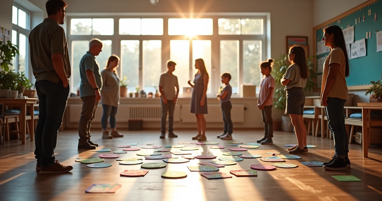 Participantes em atividade de constelação sistêmica em escola com cartões no chão 