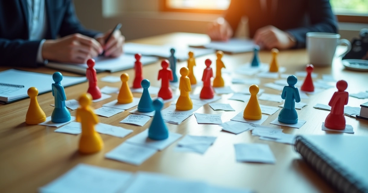 Objetos coloridos usados para representar áreas e pessoas de uma empresa 