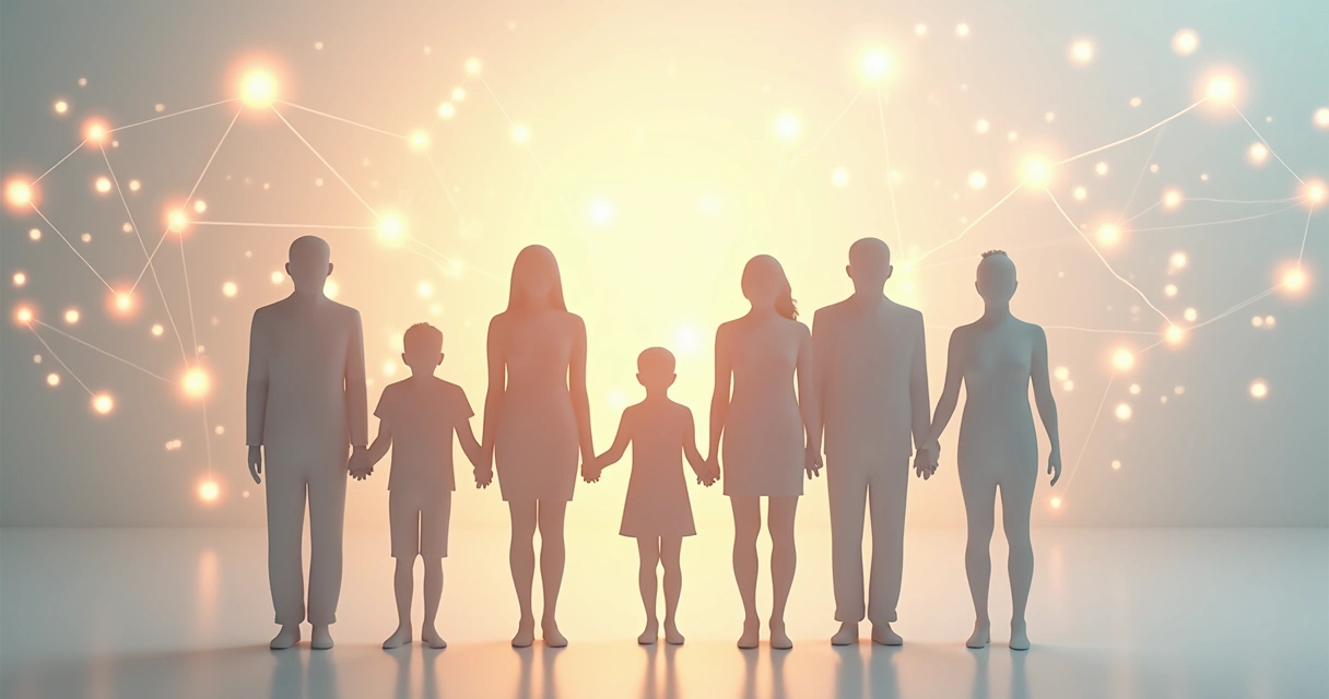 Representação abstrata de figuras humanas lado a lado com linhas conectando-as