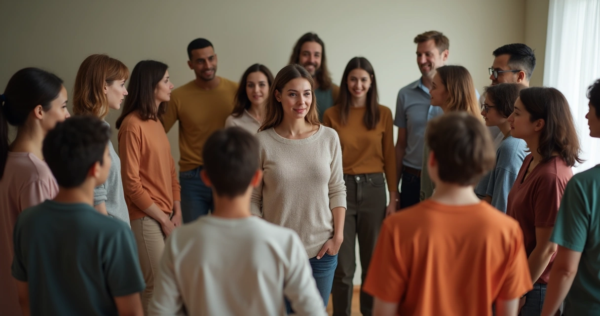 Círculo de pessoas representando membros da família em dinâmica de constelação familiar 